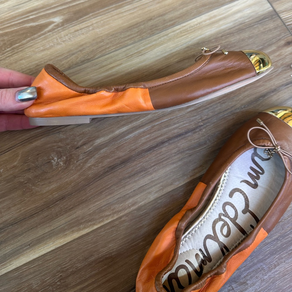 Sam Edelman Fairleigh Orange Tan Gold Cap Toe Flats Size 7.5 - Picture 6 of 7